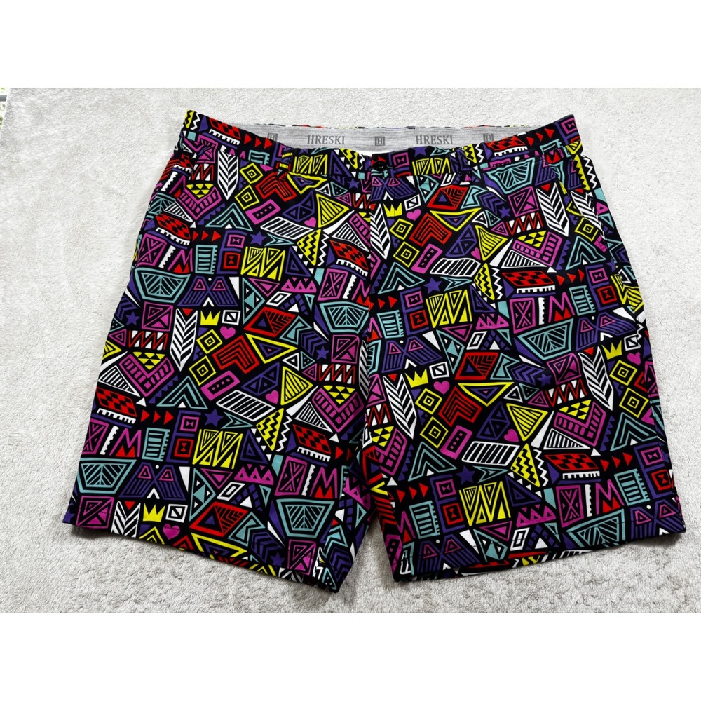 Hreski Mens Geometric Print Colorful Golf Flat Front Shorts 44 Meas: 43x8.5‎